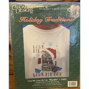 VTG 98 Candamar Designs Counted Cross Stitch Love Me Love My Cat Wearable Unique